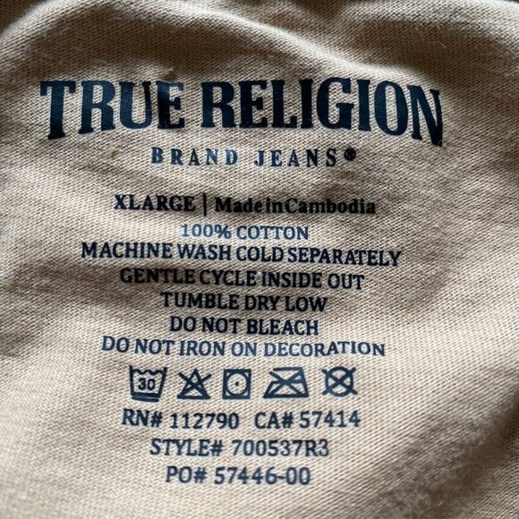 True Religion Mens Graphic Tee T-shirt XL Tan Silicon Guitar Budha Hipster NWT - Picture 5 of 7